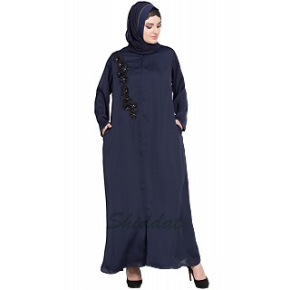 Designer Nida abaya with patchwork- Navy Blue
